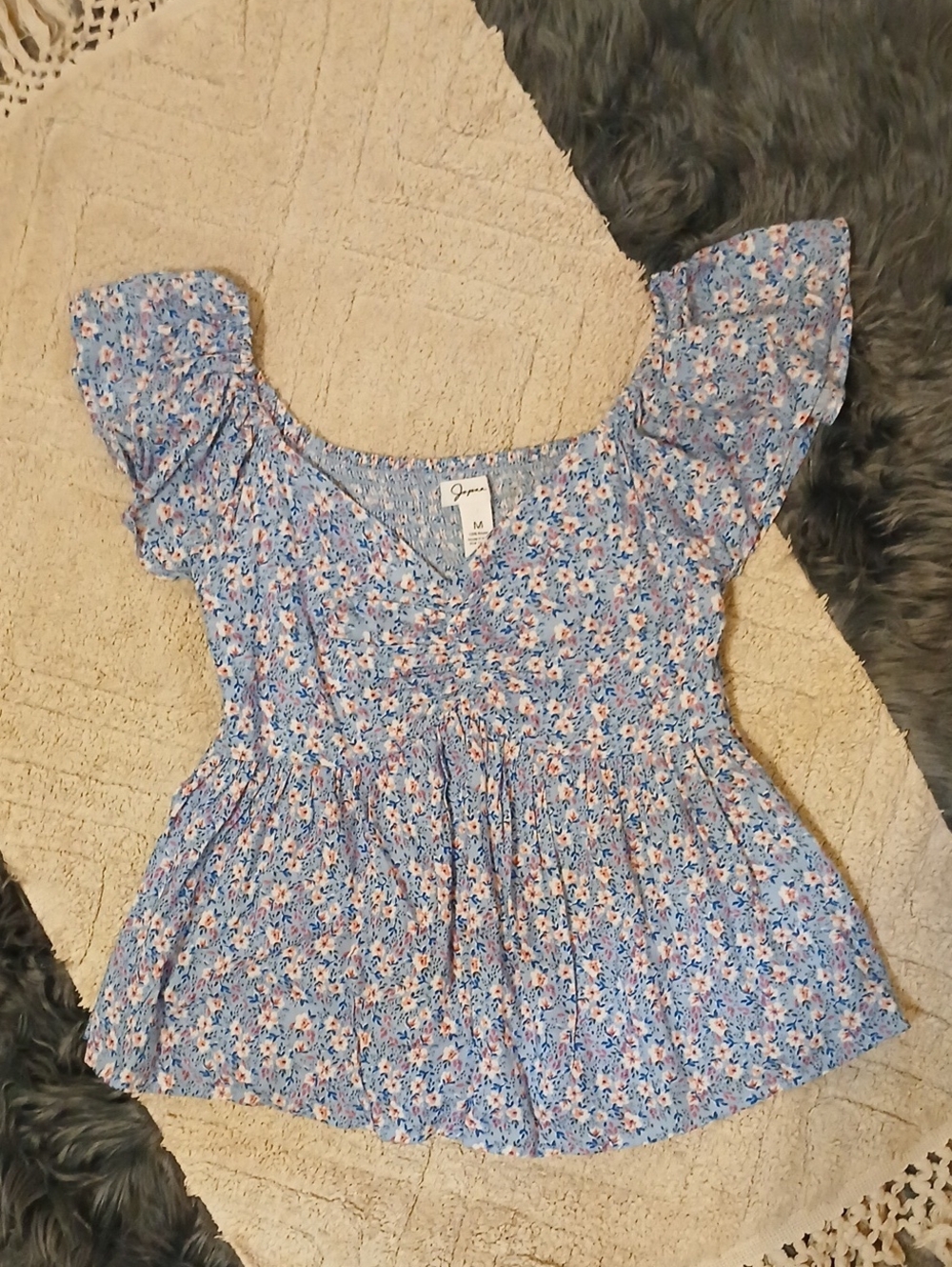 Japna Light Blue Floral Smocked Top with Ruffle Detail